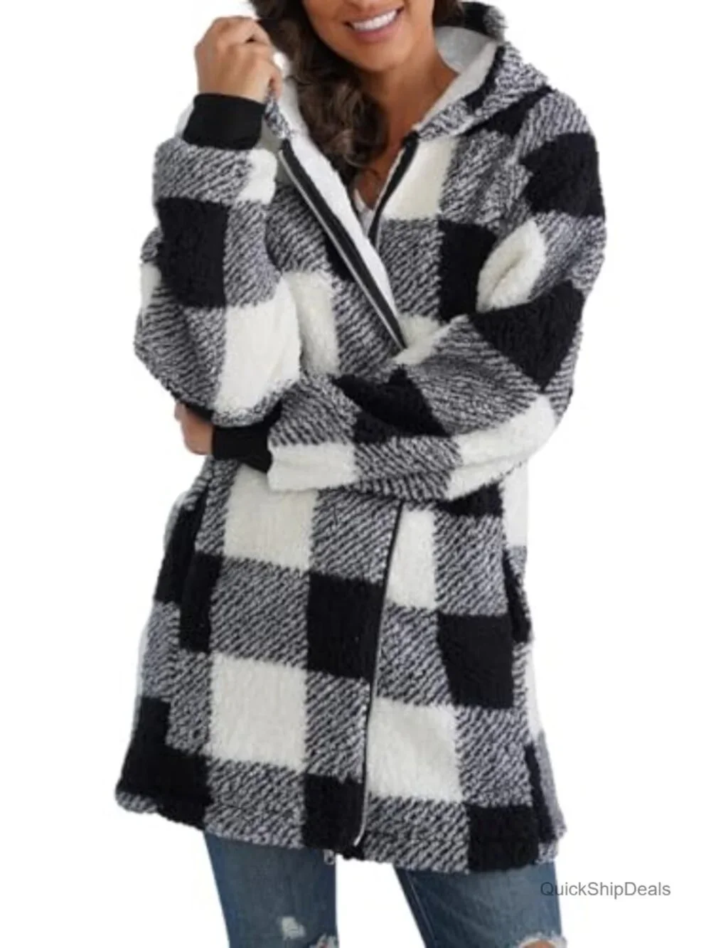 Women's Fleece Zip Up Jacket Oversized Hooded Sherpa Teddy Coat Fuzzy Warm